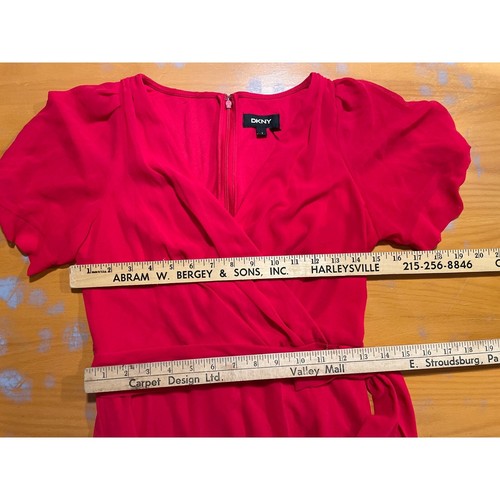 DKNY Red Gauzy Flowy Sheer Faux Wrap Midi Short Sleeve Dress S 2 - Picture 8 of 10