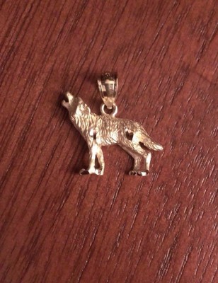 KLEINER 14K GELBGOLD SATIN & DIAMANTSCHLIFF HEULENDER EINSAMER WOLF ANHÄNGER / CHARM