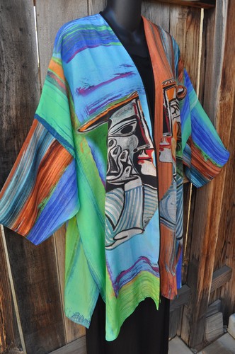 DILEMMA DIPINTO A MANO ARTE DELLA SETA ISPIRATA A PICASSO DA INDOSSARE KIMONO E SCIARPA,OS - Foto 5 di 6