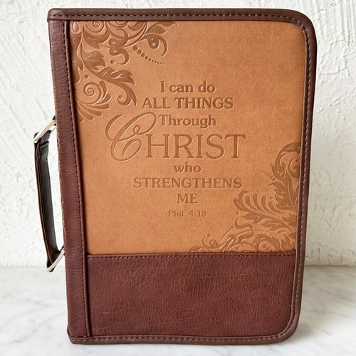 Divinity Boutique I Can Do All Things Brown/Tan XL Bible Cover Zip-Carry Handle