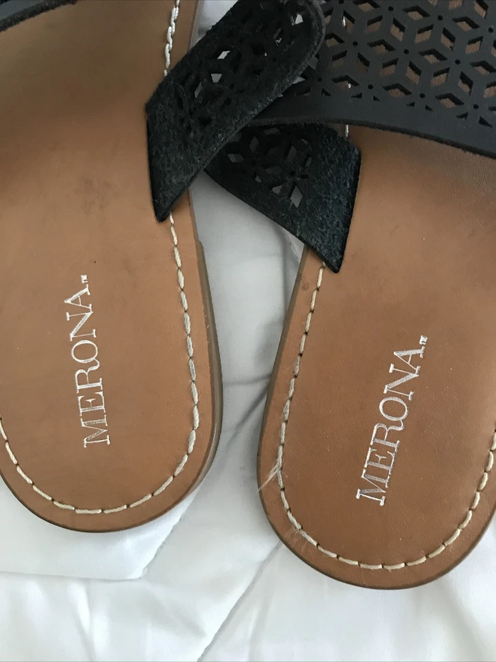 Merona Mujer Sandalias Tanga Negro Talla 8 Geométricas Imitación Cuero Superior Foto 3 de 4