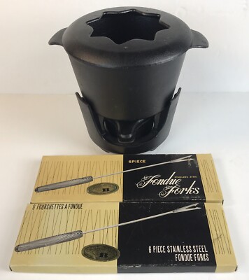 Dansk Black Cast Iron Fondue Pot Stand Set 4 Cup 32 oz with 12 Forks!