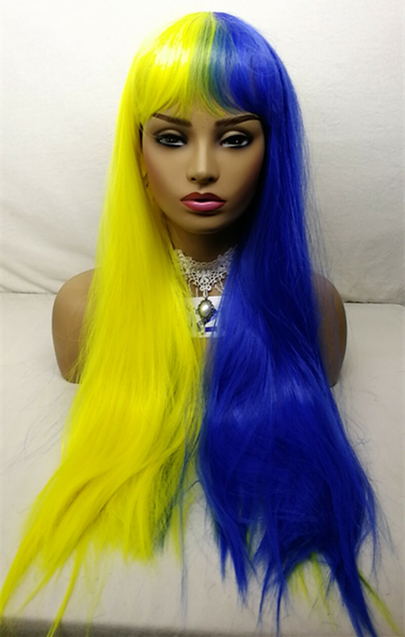 Half Yellow Half Blue long Straight Wig With Bangs Women Girls Cosplay Party Wig eBay