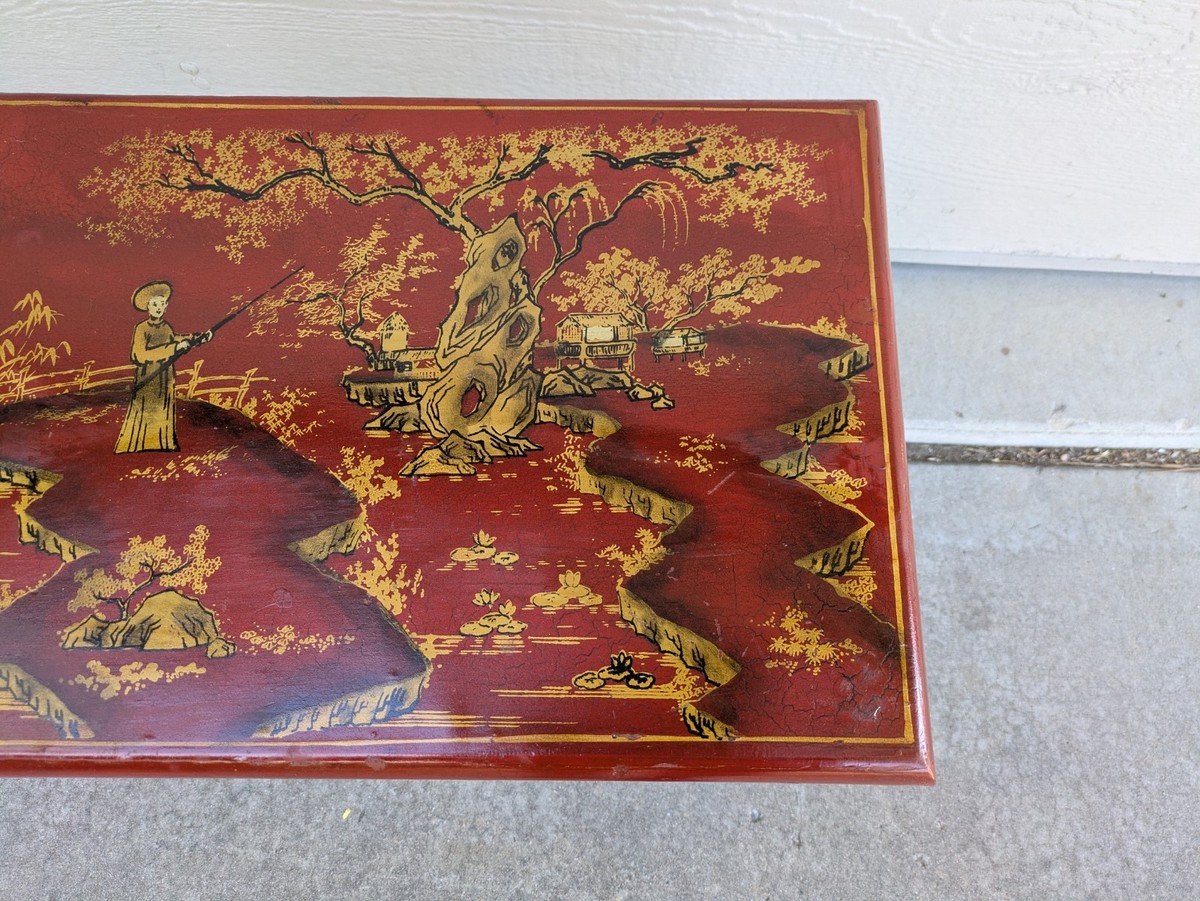 Vintage Asian Chinoiserie Hand Painted Red Lacquered Wood Table