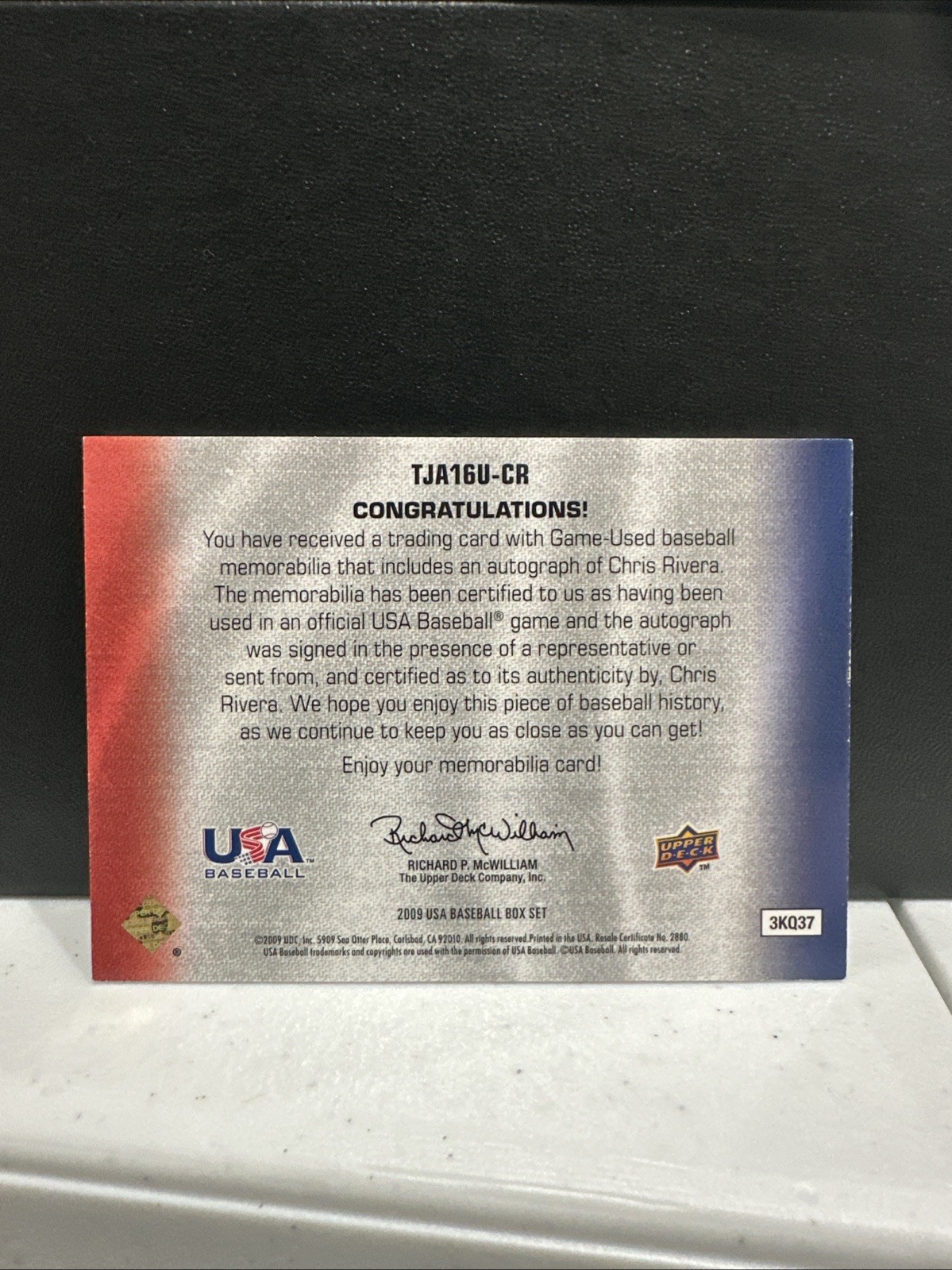 CHRIS RIVERA 2009 UD USA BASEBALL GAME-USED 3 COLOR TRIPLE PATCH AUTO ⚾️ L2 view 2