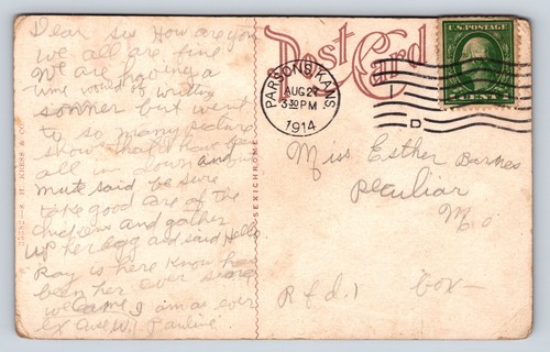 Vintage Postcard Parsons KS M.K. & T. Station Railroad Train Depot 1914 V6 - Picture 2 of 2