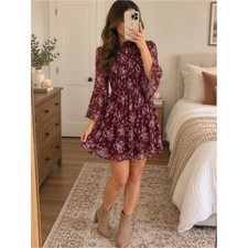 Jodi Kristopher Burgundy Floral Smocked Bell Sleeve Boho Mini Dress Medium