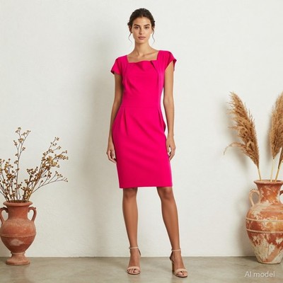 Glam Cocktail Midi Dress Pink Pencil Square Neck Short Sleeve Zip Back US 10