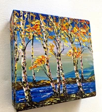 ORIGINAL ACRYLIC Painting Fall BIRCHES Tree LAKE  impasto  by Olga Diduh.
