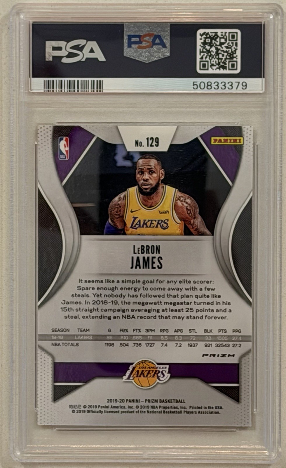 2019-20 Panini Prizm LeBron James - Orange Ice Prizm #129 PSA 9 GEM MINT view 2