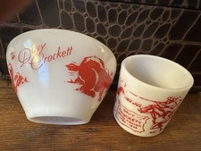 FireKing Vintage Davy Crockett 2pc Glass Mug Bowl Child s Set White/Red