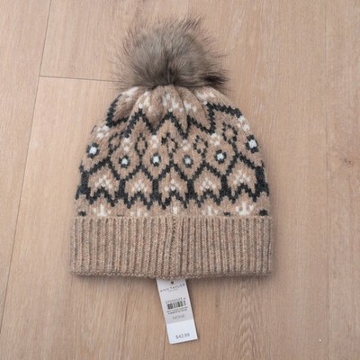 Ann Taylor Factory Women Fair Isle Knit Beanie Faux Fur Pom Pom Tan Black New