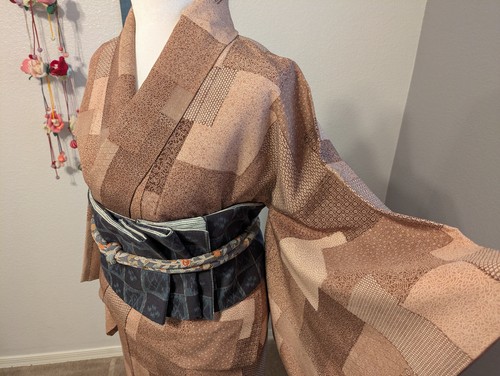 Japanese Silk Yosegara Edo Komon Kimono, Handmade obi belt and obi-jime set.