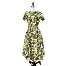 Miss R VTG 1950s Cotton Dress Cream Green Floral Full Skirt Belt Rockabilly S