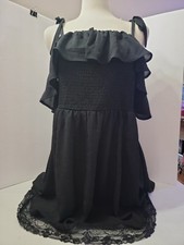 Torrid Dress Size 2 2X Plus Black Smocked Cold Shoulder Ruffle Tie Strap Lace