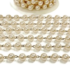 3 FEET VINTAGE HONG KONG PEARL SMOOTH 10mm. BEADED BRASS ROSARY LINK CHAIN 1058
