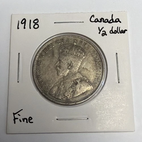 1918 Canada .50 Cent 80% Silver Coin - Fine - King George V