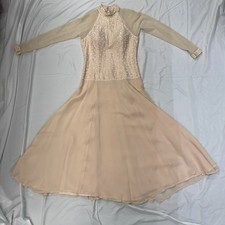 Vintage Sz 6 OLEG CASSINI Black Tie SILK Tea Length Dress Blush Beaded L/S