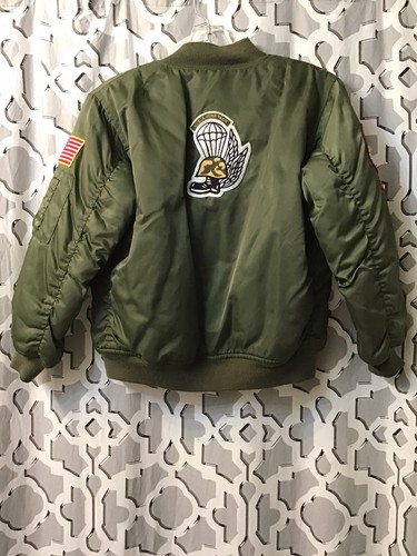 Vintage Up and Away MA-1 Flight Jacket Youth Top Gun Patch Bomber Green Zip - Picture 6 of 6