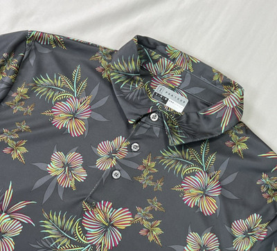 PGA Polo Shirt Mens Large Gray Floral Performance Pro Series Stretch Breathable
