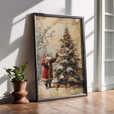 Vintage Santa Tree Neutral Christmas Wall Art Print Holiday Decor