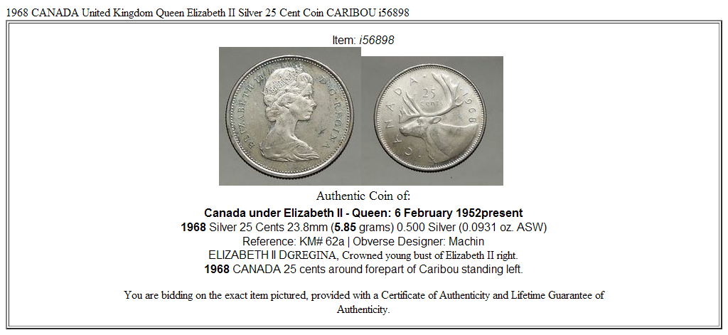 1968 CANADA United Kingdom Queen Elizabeth II Silver 25 Cent