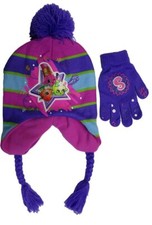 Shopkins Girls One Size Purple Pink Striped Scandinavian Hat and Gloves Gift