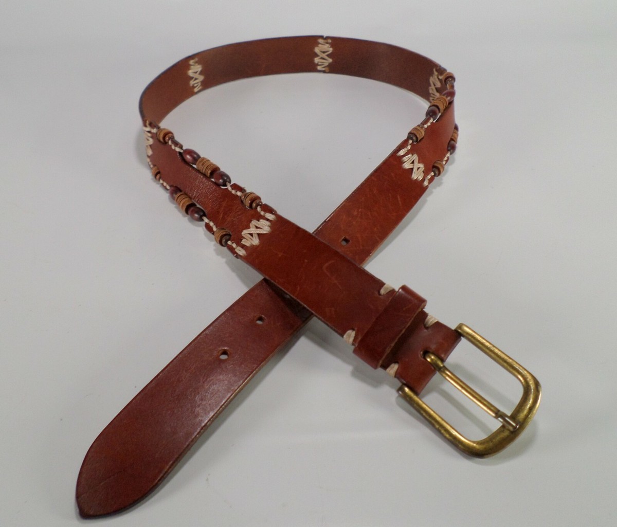 Omega Leather Belt Wooden Beaded Distressed 82291 Brown 