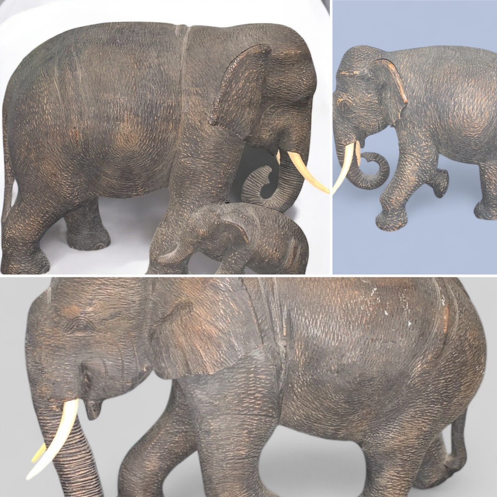 Lot Of (3) Carved Wooden Elephant Family Sculptures