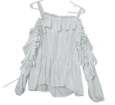 Belle Sky Off Shoulder M Blouse Beachy Laced Arms White Blue Stripe Ruffly Flowy