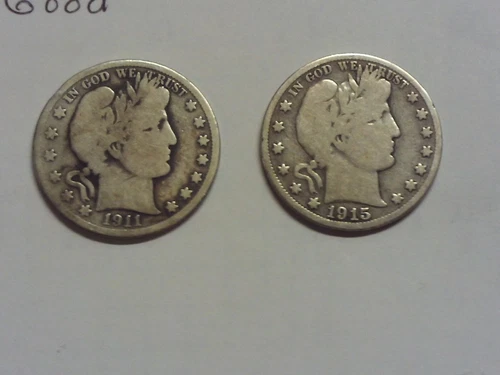 2 Piece 90% Silver 1911 & 1915S Barber Half Dollar Set Circulated Both Good