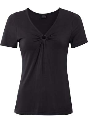 Halbarm-Shirt mit dekorativer Ring Gr 32/34 Schwarz Damenshirt Top Oberteil Neu*