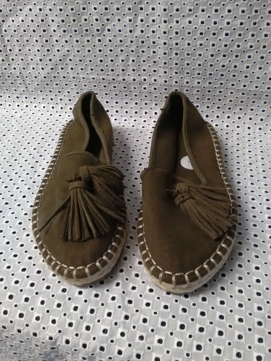River Island Khaki Tassel Front Slip On Canvas Shoes Size UK 2 New