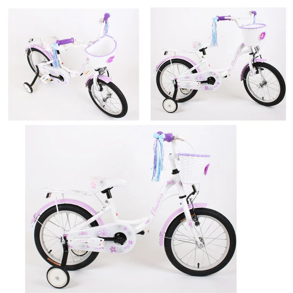 FLOWERS Kinderfahrrad 16" Mädchenfahrrad Kinder Rad Bike Spielrad - Weiß/Lila - Bild 2 von 4