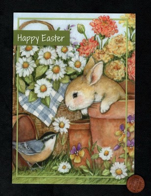 EASTER Bunny Rabbit Bird Flower Pots Daisies Pansies - Greeting Card W/ TRACKING