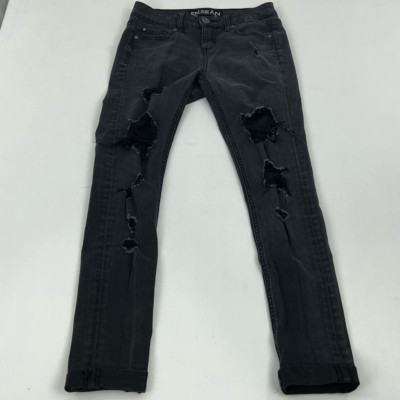 EN Jeans Womens Slim Skinny Denim Black Distressed Stretch Low Rise Pockets 0