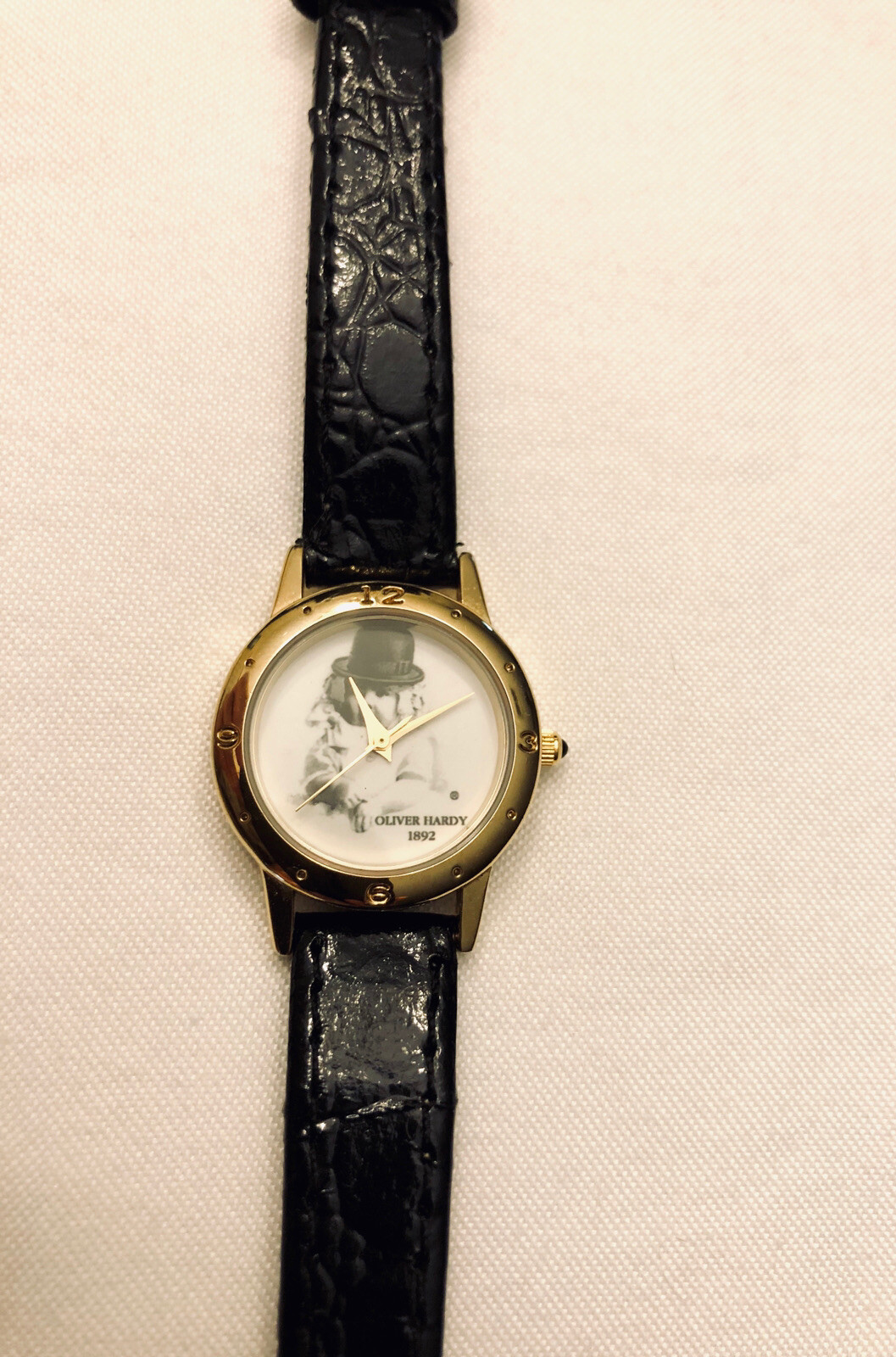 VINTAGE Novelty Watch OLIVER HARDY 1892 Black Leather Laurel & Hardy
