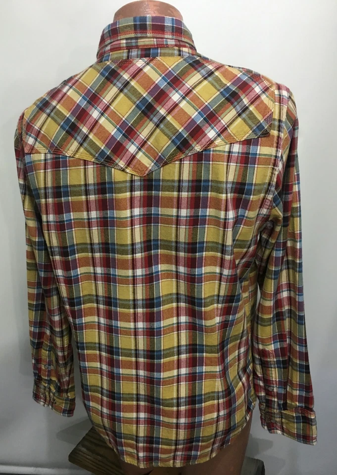 Howe L Snap-Front Yellow Blue Red Plaid Long-Sleeve Cotton Shirt Cowboy Western - Image 3 of 4