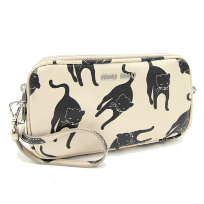 Miu Miu Cat Pattern Mini Shoulder Bag Pouch Case Purse Beige Black