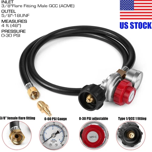 4ft High Pressure 0-30PSI Adjustable Propane Gas Regulator w/ Hose and PSI Gauge - Picture 2 of 17