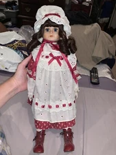 19” Porcelain Doll A.A. Importing Co W Stand. Maroon