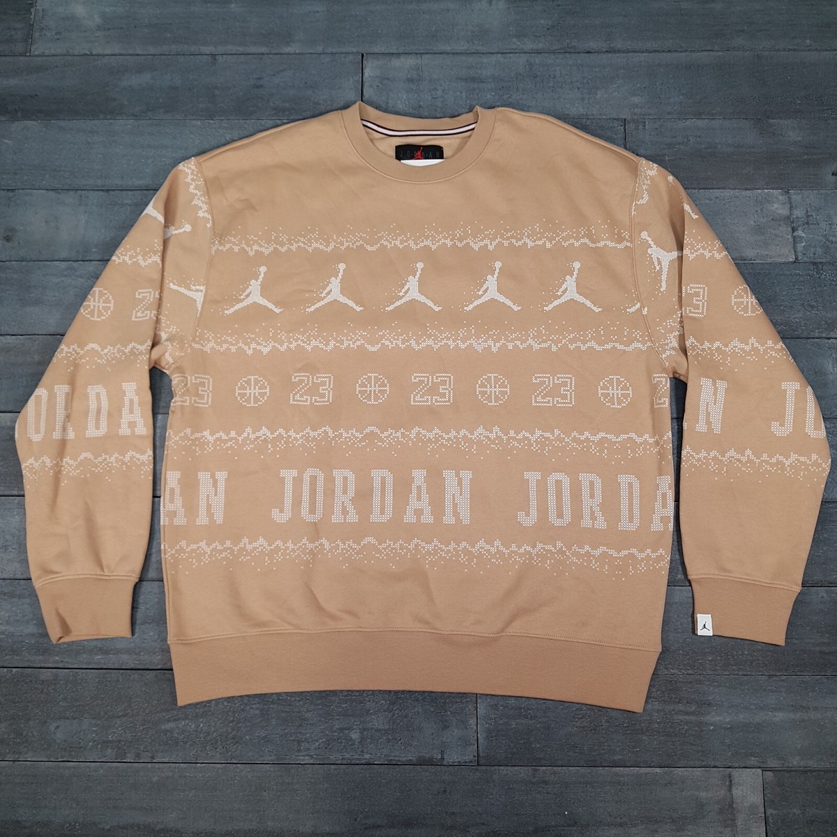 NIKE Air JORDAN Holiday Fleece Crew Sweater Sweatshirt Mens Size LARGE Beige