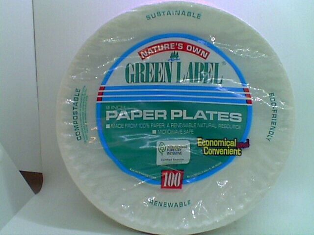 Uncoated paper plates 6 inch white green label