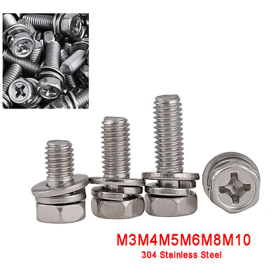 M3M4M5M6M8M10 A2 Stainless Phillips Hex Head Bolt Spring/Flat Washer Sems Screws