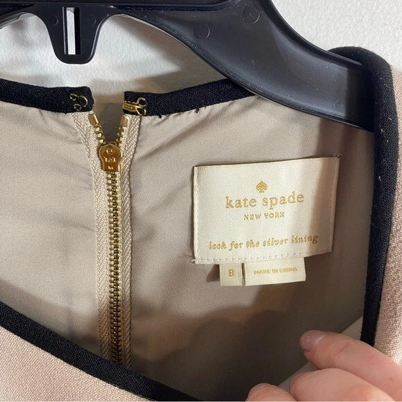 Abito Kate Spade Crepe Scallop Tan Nero Tg 8 Manica Corta Mini Fit Svasato