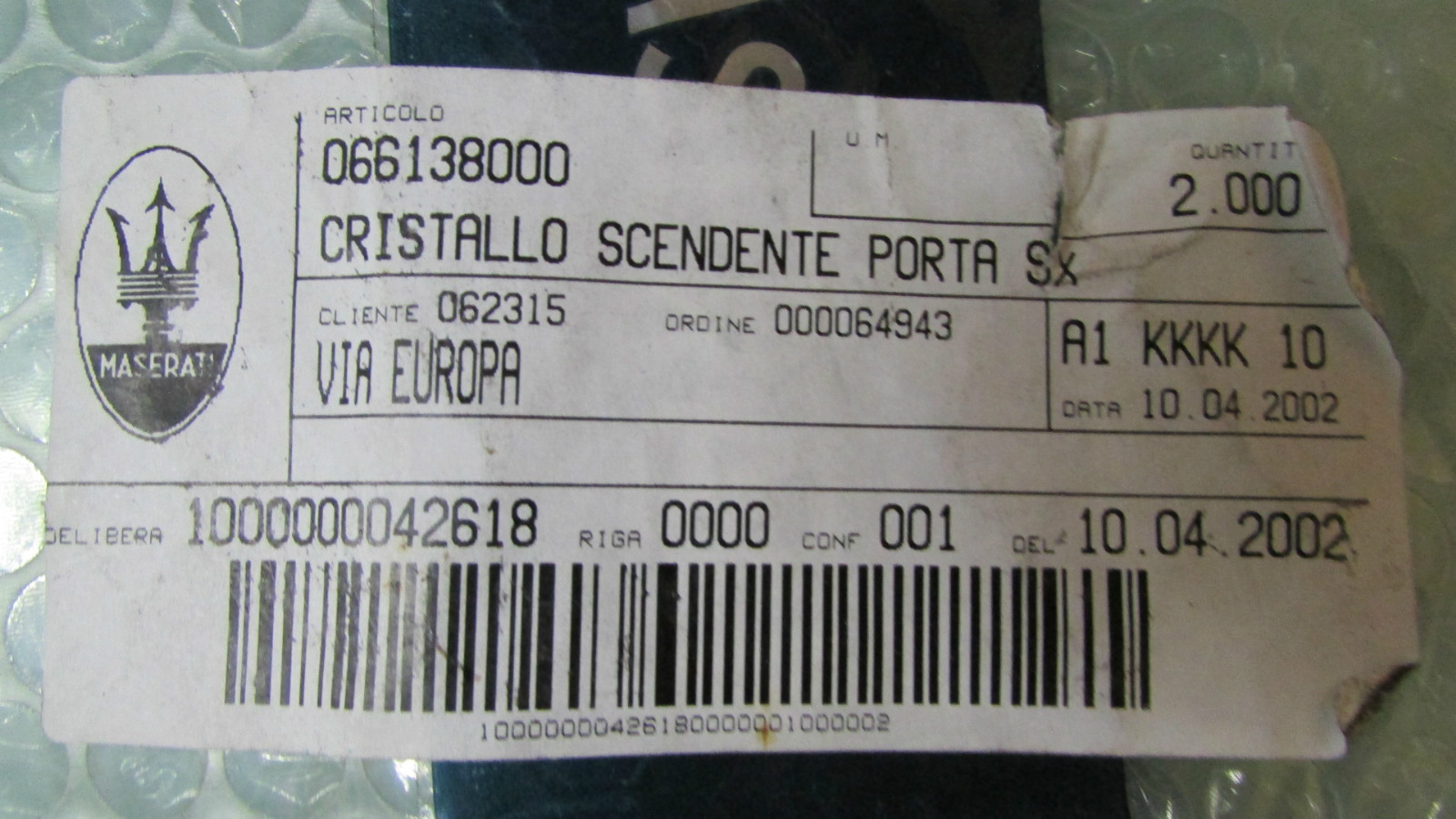 Maserati M138 Spyder, LH,Left Door Glass, Window, New, P/N 66138000