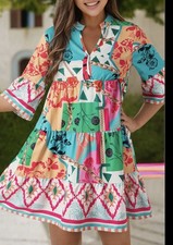 Women's Abstract Print Half Sleeve Tiered Mini Dress Sz M