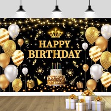 Glitter Black Gold Happy Birthday Party Photo Backdrop for Men Women 180x12...