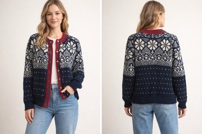 Vtg Alps Fine Women s Apparel 100% Wool Blue Nordic Ski Cardigan Sweater Medium 