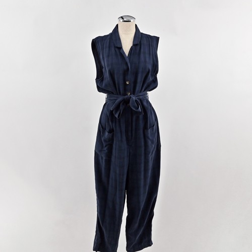 Anthropologie Brielle Plaid Jumpsuit Womens Size L Navy Blue Sleeveless Belted